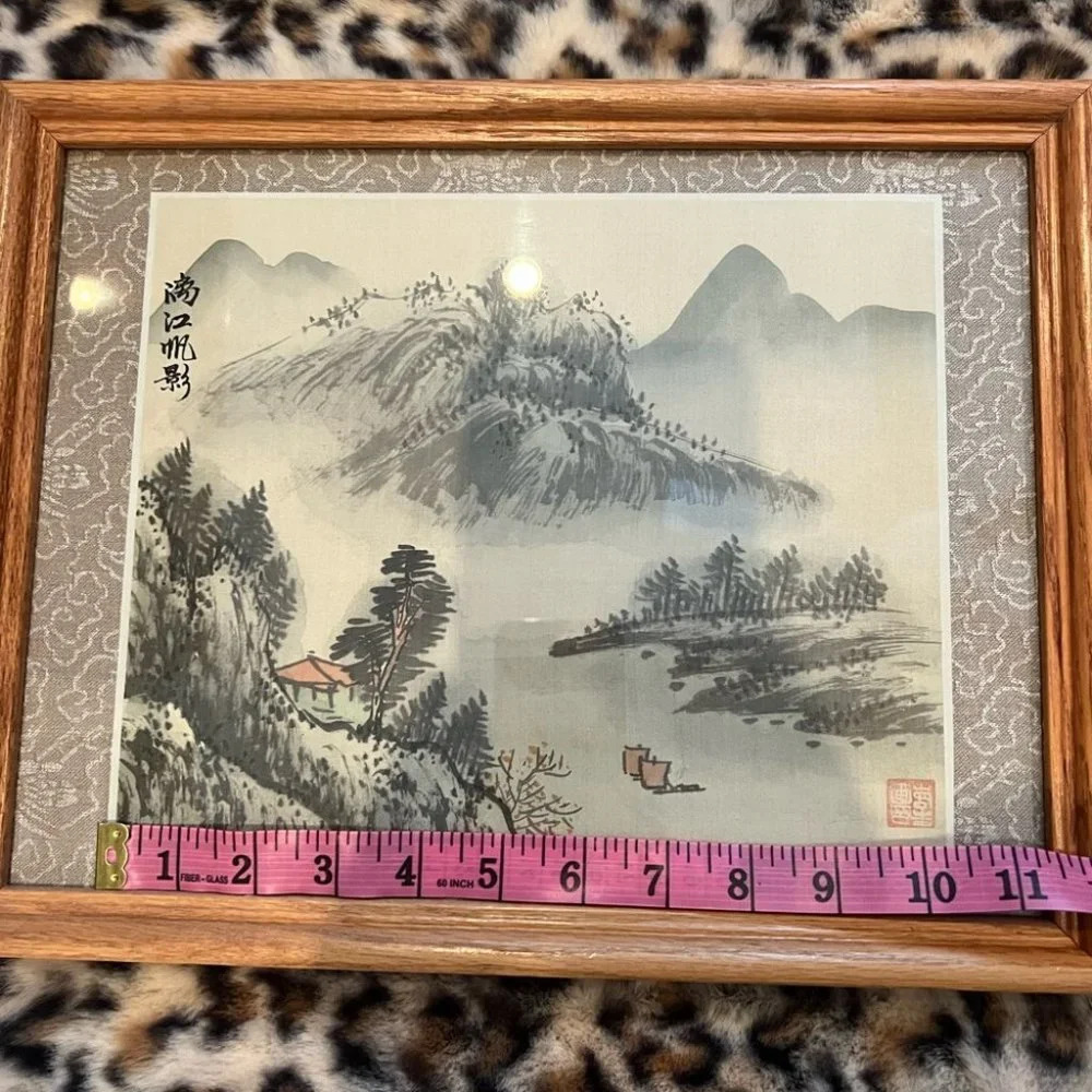 Japanese chinese Prints on Silk Signed Framed wooden Black & White Nature Art🖼️